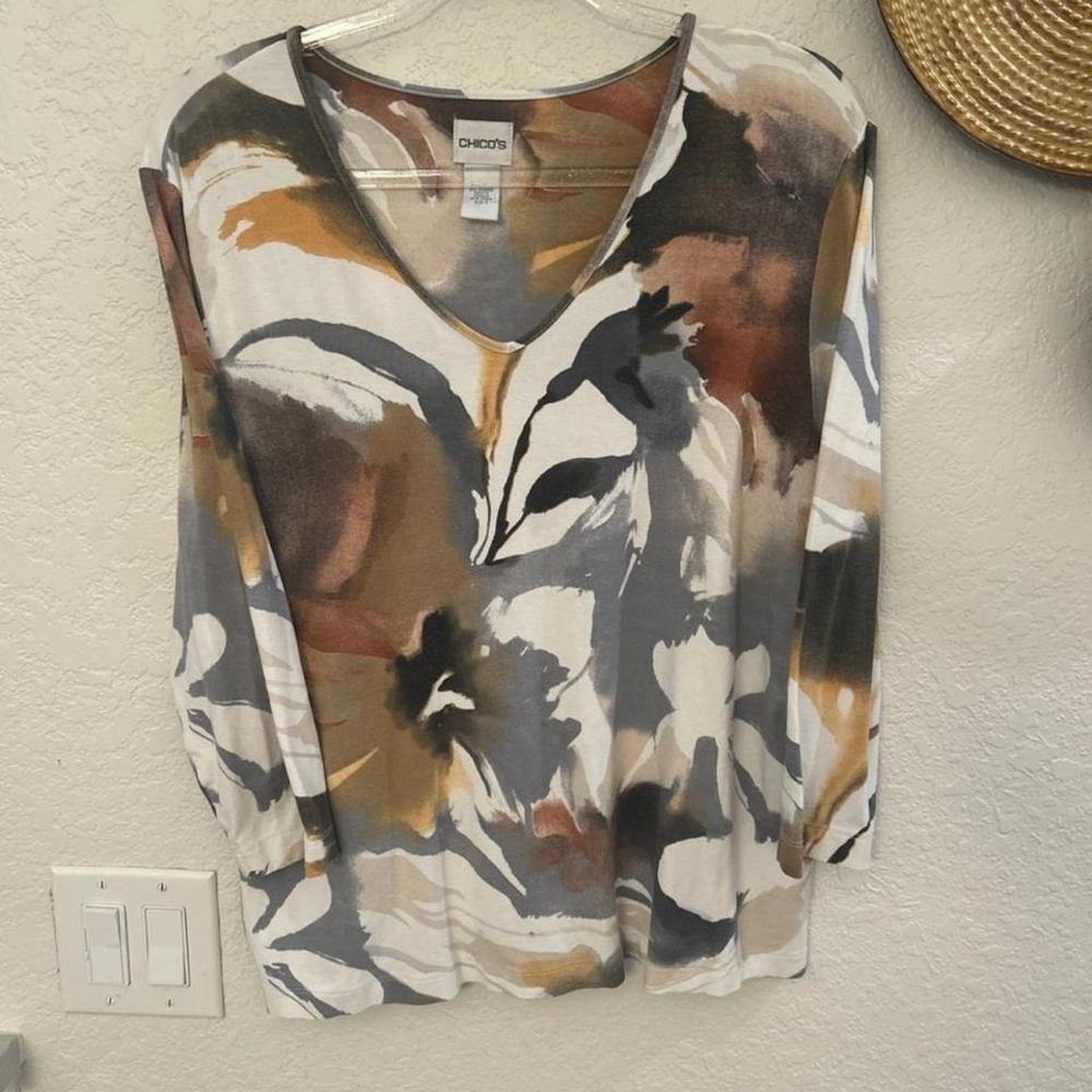 Chico's Watercolor Floral V-Neck Blouse in White, Gray, Brown, Tan